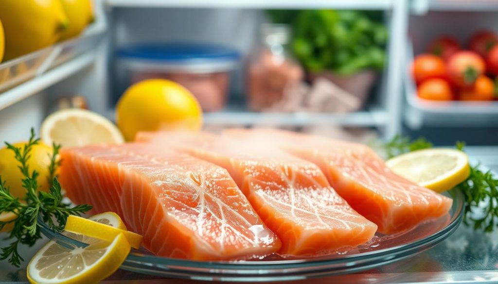 Salmon thawing in refrigerator