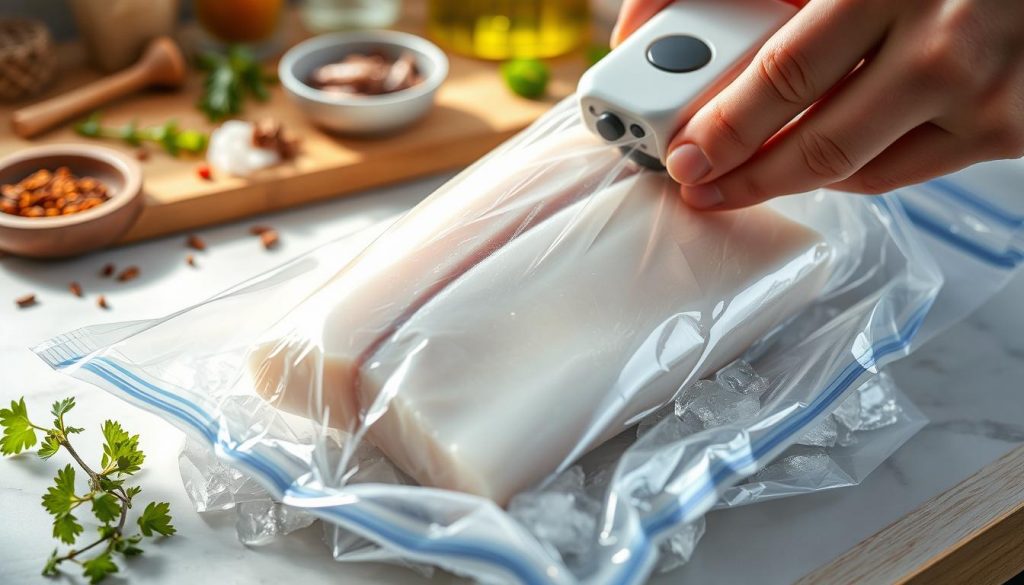 Vacuum sealing halibut for freezing